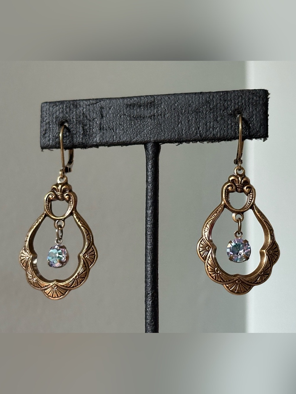 Victorian Inspired Filigree Earrings Iridescent Swarovski Crystal Dark Academia